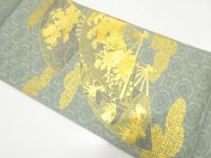 未使用品　箔置き螺鈿　扇に御所車・草花・鴛鴦模様織り出し　袋帯